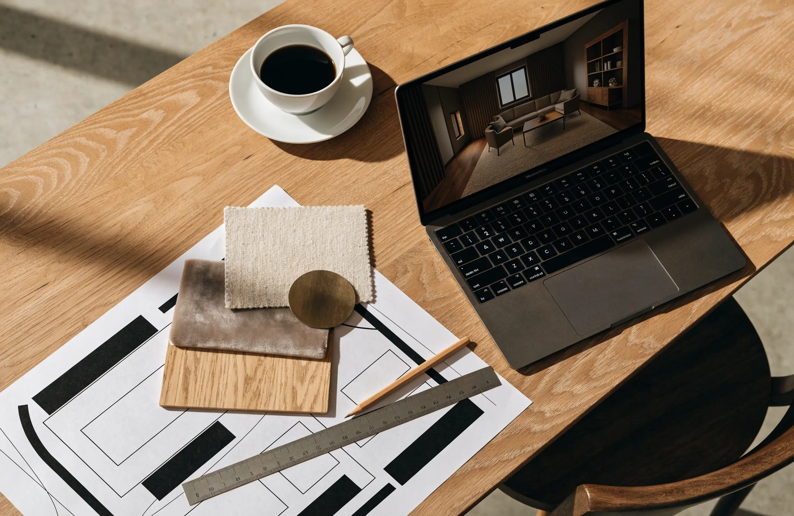 Virtual interior design plan, materials and room visualization