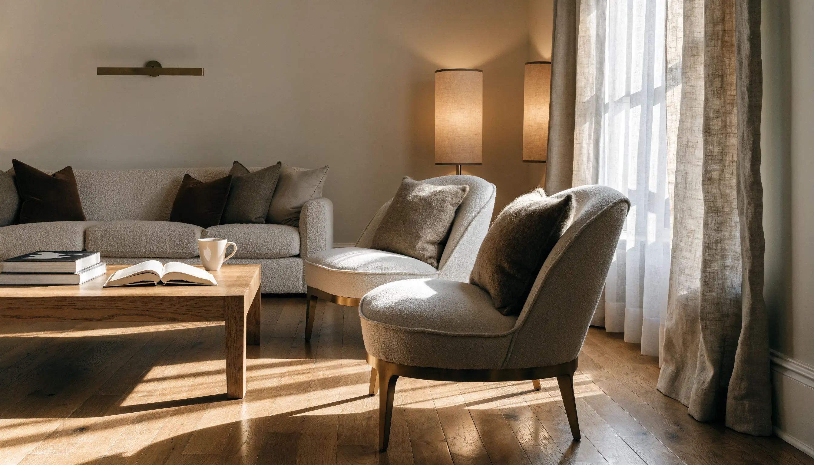 Warm family snug with oak, brass and layered textiles